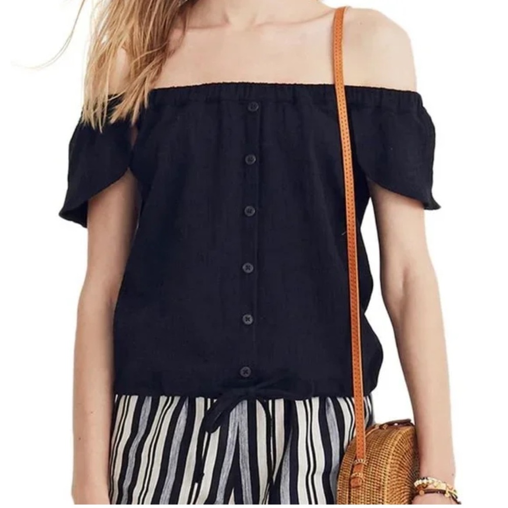 Madewell Texture & Thread Tie Waist Off the Shoulder Top in black XL